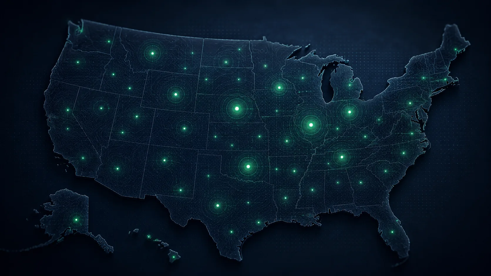 The United States as a dark data map with glowing green points marking the strongest housing markets