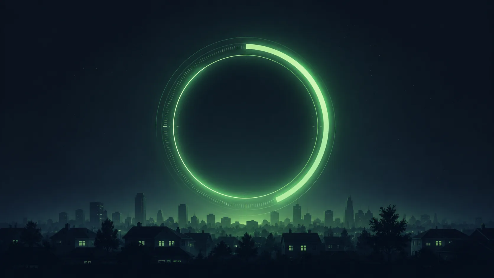 A glowing green circular score gauge over a city skyline at dusk