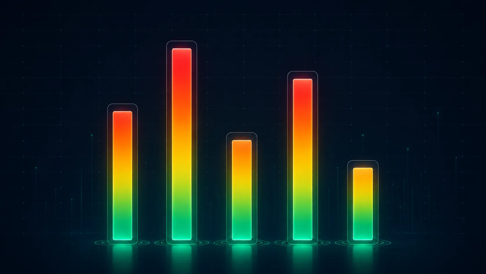Five glowing vertical bars in a green-to-red gradient representing a market's five Alpha Score dimensions
