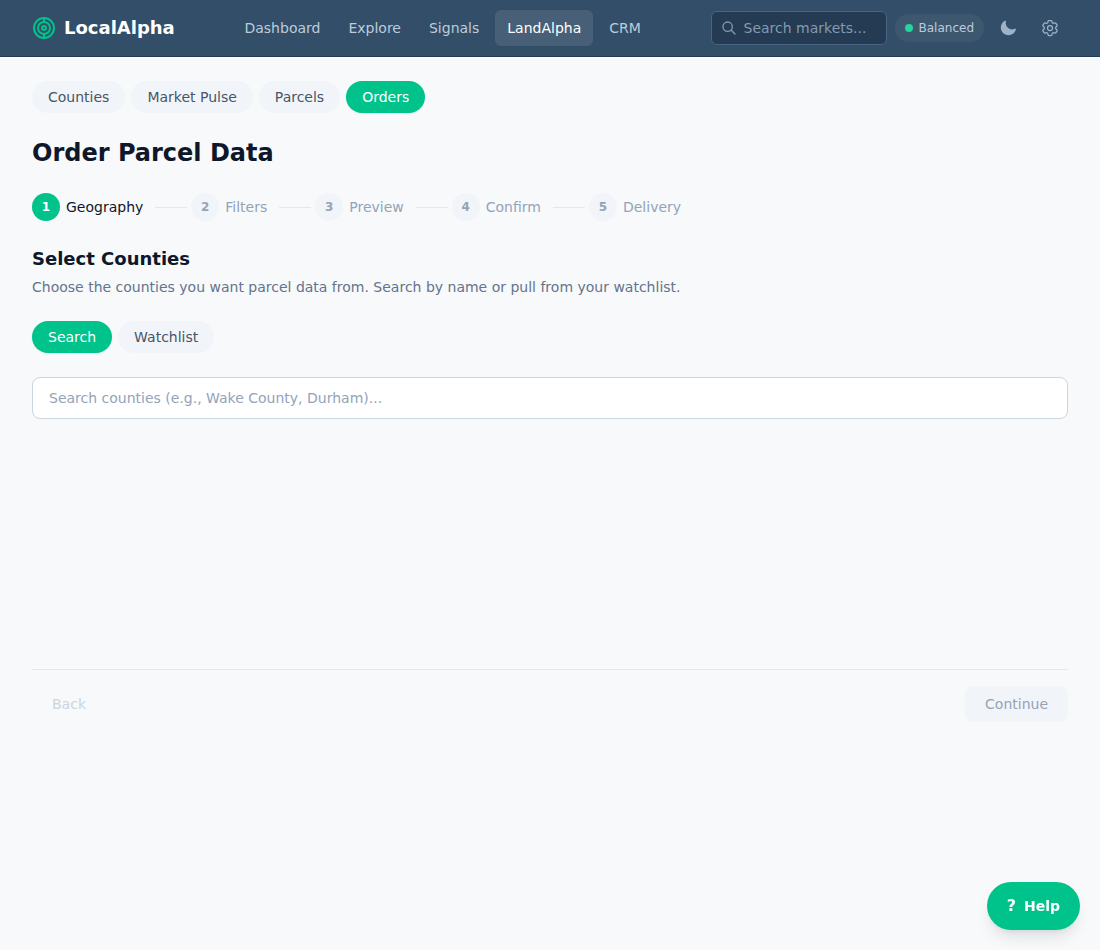 The parcel order wizard on step 1 (Geography) showing the five-step progress bar and county search