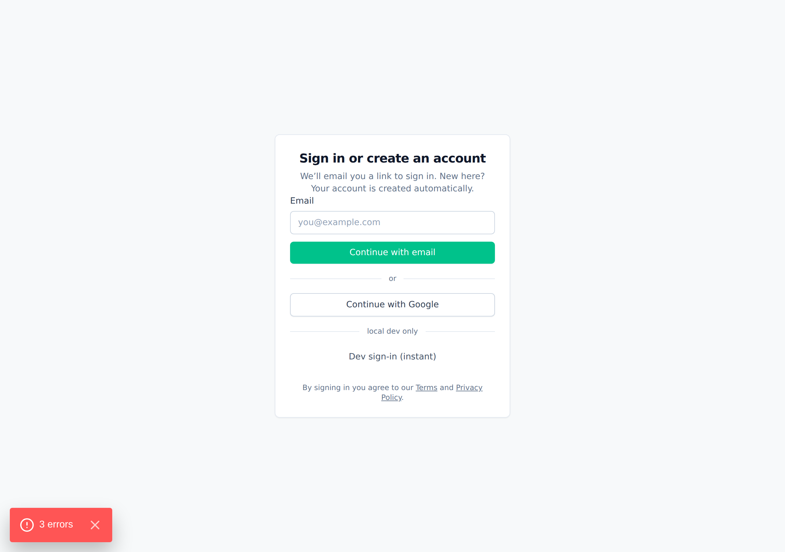 The LocalAlpha login page with “Continue with email” and “Continue with Google” options