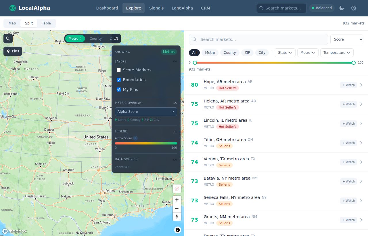 The Explore page: an interactive map on the left beside a synced, filterable market list on the right