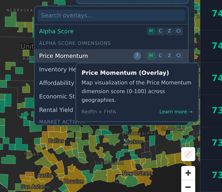 Tapping the help icon on an overlay opens a popover defining the metric and citing its data source, shown over the map
