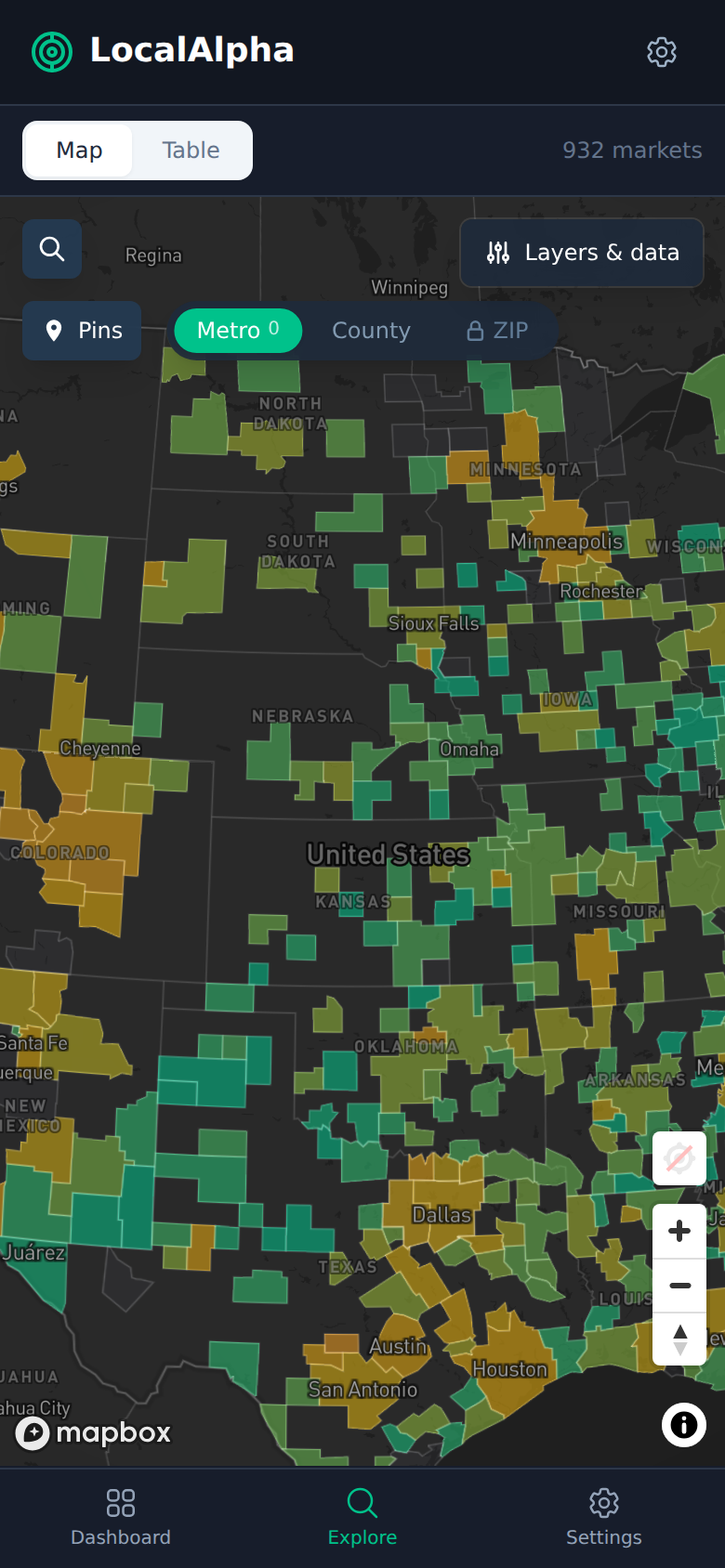 The Explore map on a phone: the Metro / County / ZIP level pills sit on their own row, with the ZIP pill showing a Pro lock